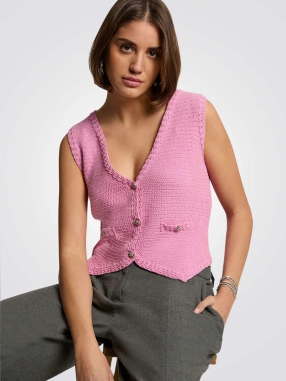 Morgan NWT Pink Knitted V-Neck Sweater Vest Button Front Pockets Medium M